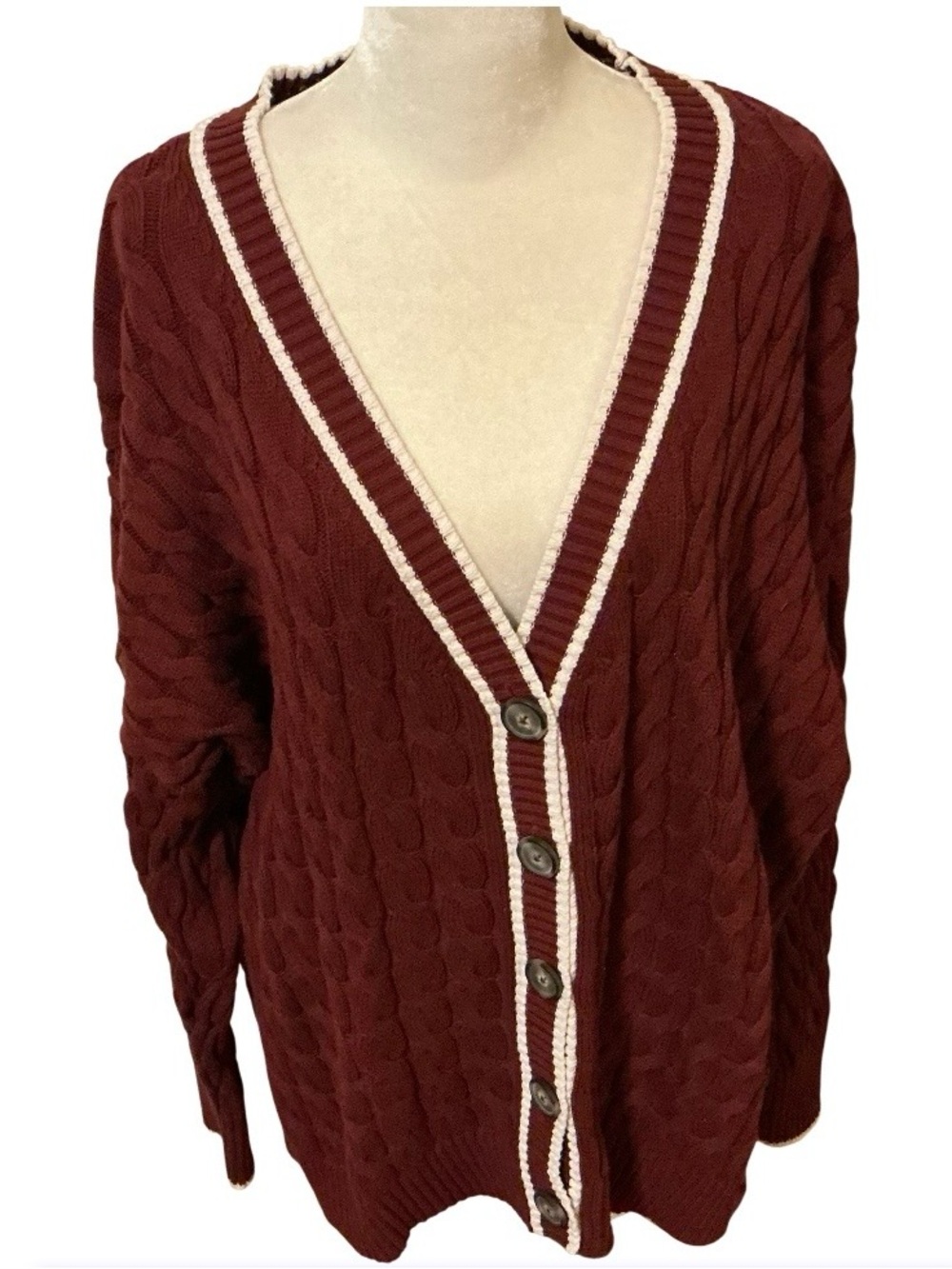 Old Navy 2X Burgundy Cable Knit Varsity Cardigan Sweater 100% Cotton Collegiate